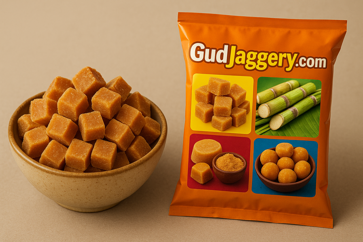 Keep every image on packet with different color bright backgrounds, as in market the packets of jaggery and other products look like.